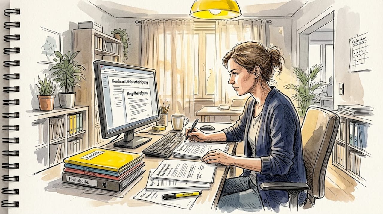 Eine Frau sitzt am Schreibtisch und arbeitet an der Übersetzung von Compliance-Dokumenten.