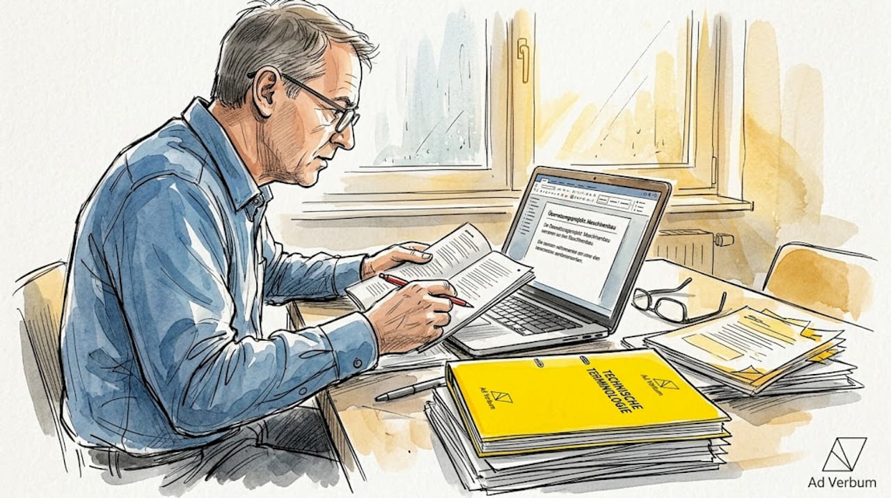 Zu Hause sitzt der Übersetzer und arbeitet seine Glossarliste und Notizen sorgfältig durch.