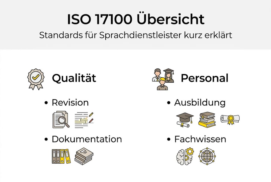 Übersichtsgrafik: Die wichtigsten Anforderungen der ISO 17100 Norm auf einen Blick
