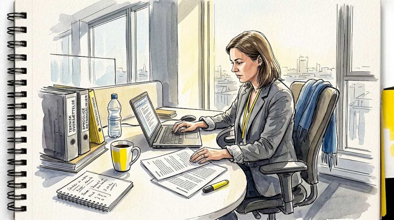 En kvinde sidder på kontoret og gennemgår oversættelsesdokumenter.