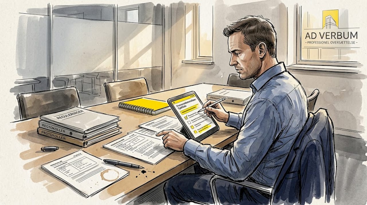 En mand sidder ved sit skrivebord og gennemgår en liste med krav for at sikre overholdelse af reglerne.