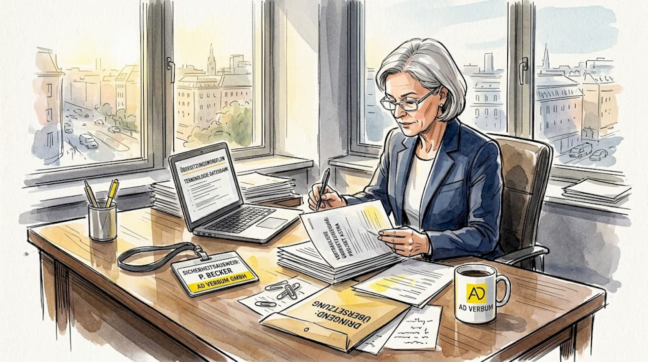 Eine Führungskraft prüft Übersetzungsunterlagen in ihrem Büro.