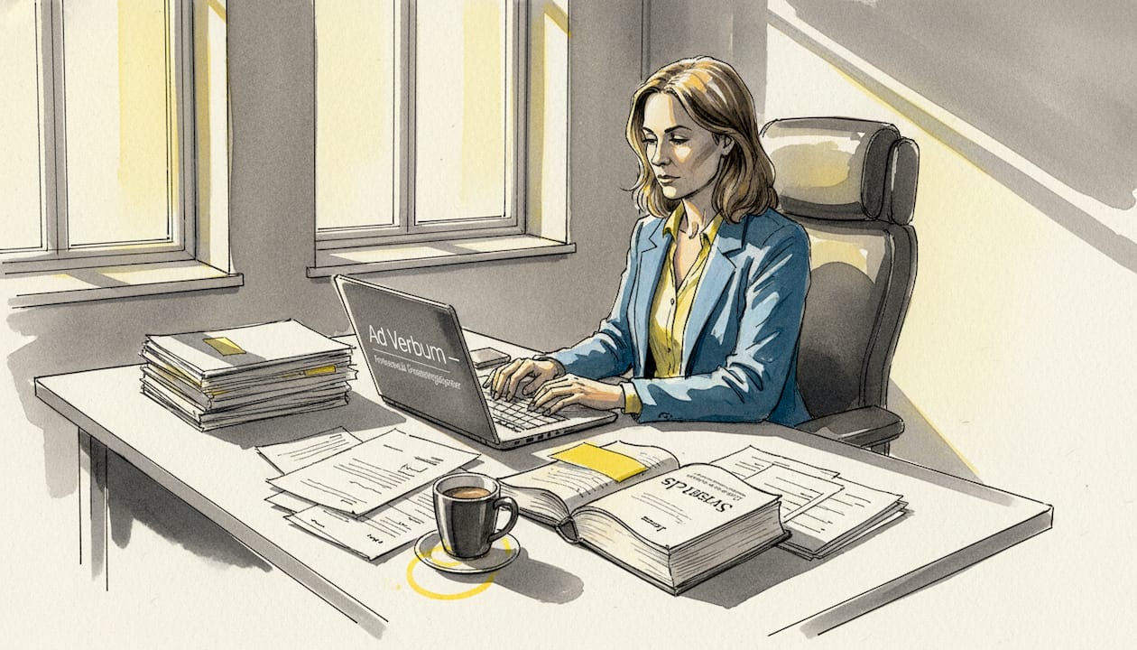 En affärsjurist sitter på sitt kontor och jobbar med GDPR-relaterade dokument.