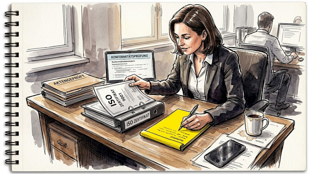 Ein Compliance-Beauftragter prüft die ISO-Zertifikate auf ihre Gültigkeit und Einhaltung der Standards.