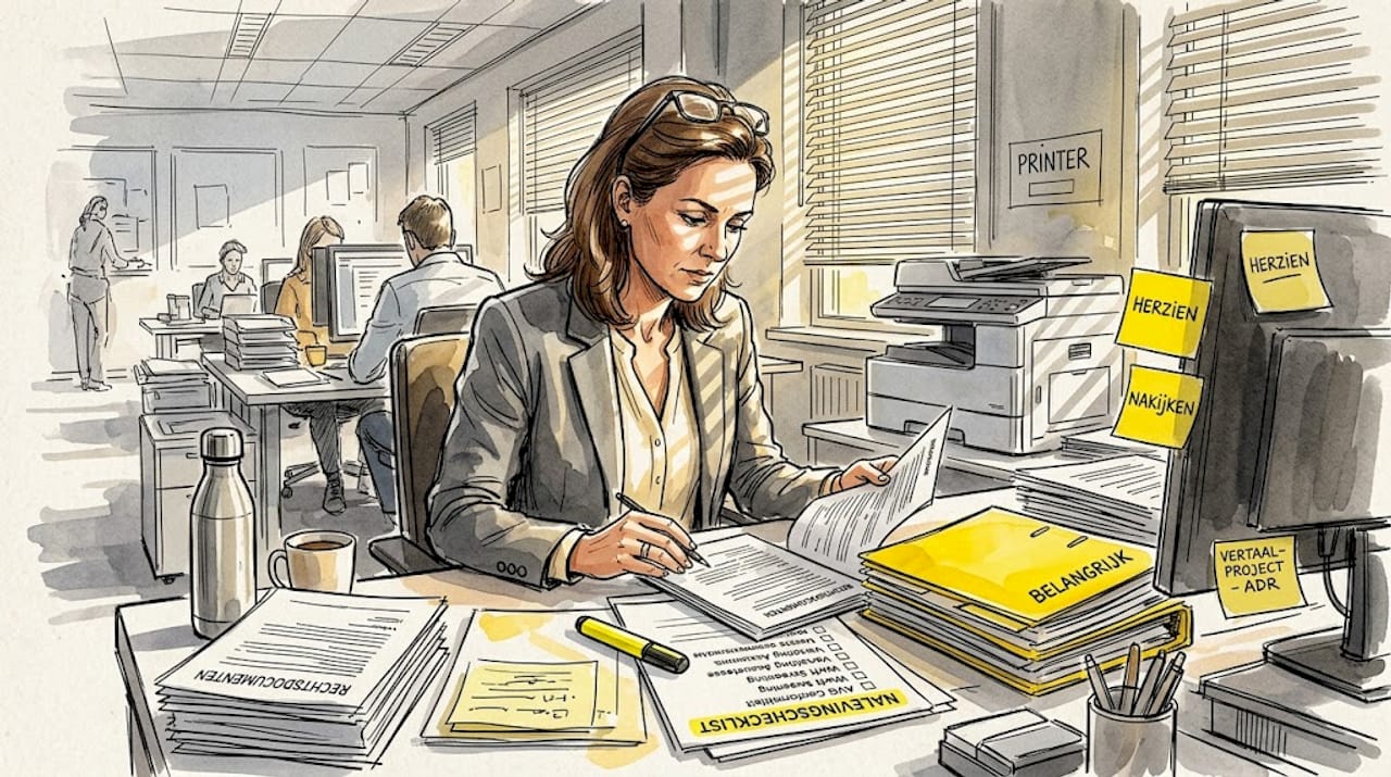 Een professional buigt zich geconcentreerd over nalevingsdocumenten midden in de drukte van een kantoor.