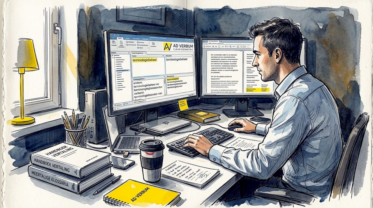 Een man zit achter zijn bureau thuis en houdt zich bezig met het beheren van terminologie voor vertalingen.