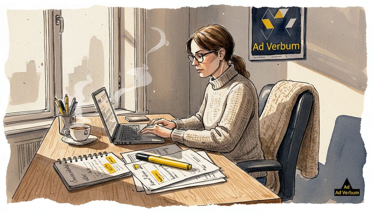 En översättare sitter vid sitt skrivbord och jämför olika fackuttryck.