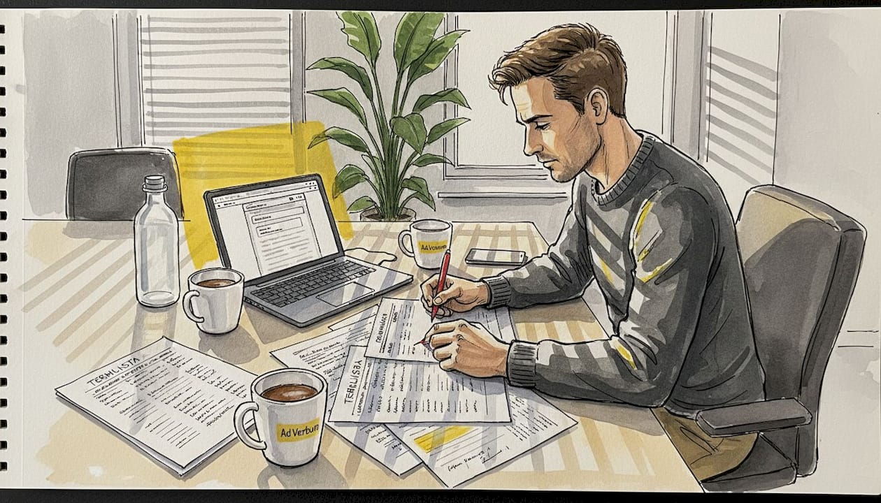 Språkspecialist går igenom och kvalitetssäkrar termlistor på kontoret