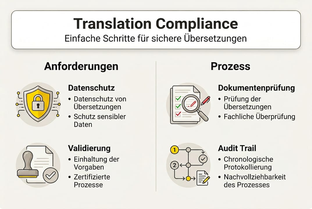 Übersichtsgrafik: Anforderungen und Ablauf für die Einhaltung von Übersetzungsrichtlinien
