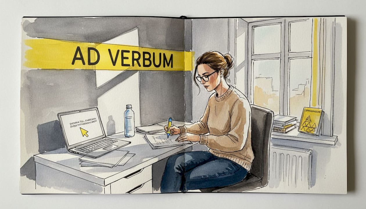 En kvinna sitter vid sitt skrivbord och går noggrant igenom en översättning.