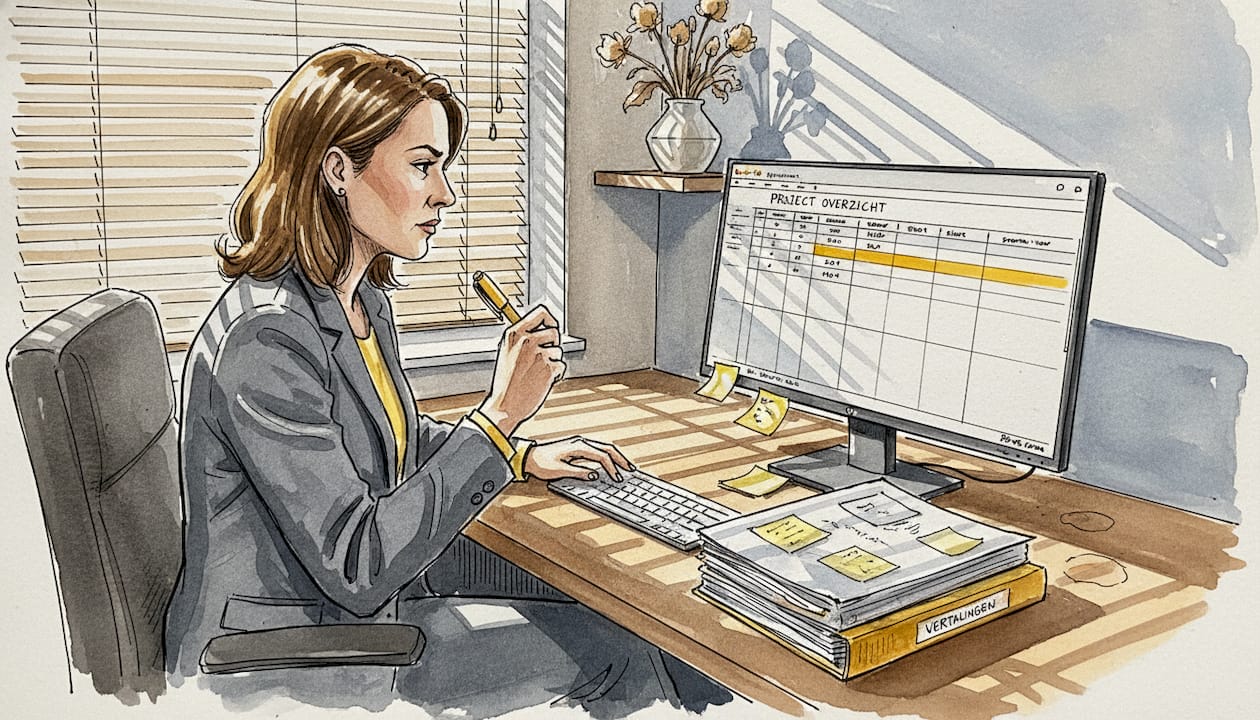 Thuis zit een vrouw achter haar laptop aandachtig een spreadsheet te analyseren.