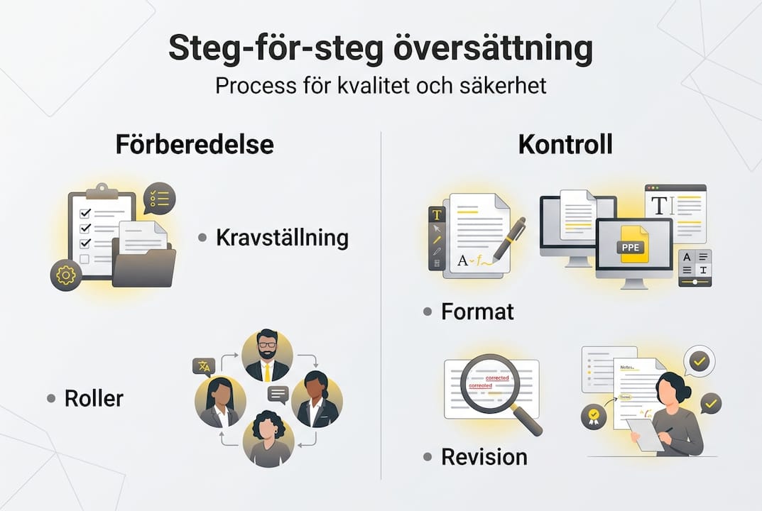 Grafisk översikt över viktiga steg i översättningsarbetet