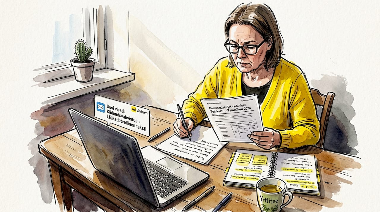 Kääntäjä käy läpi lääkkeisiin liittyviä asiakirjoja kotonaan työpöydän ääressä.