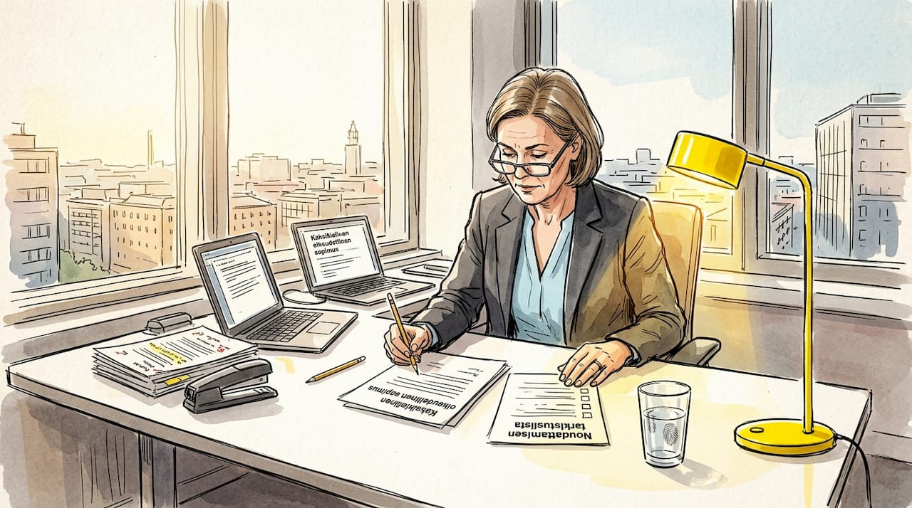 Käännösalan asiantuntija tarkastamassa vaatimustenmukaisuusasiakirjoja