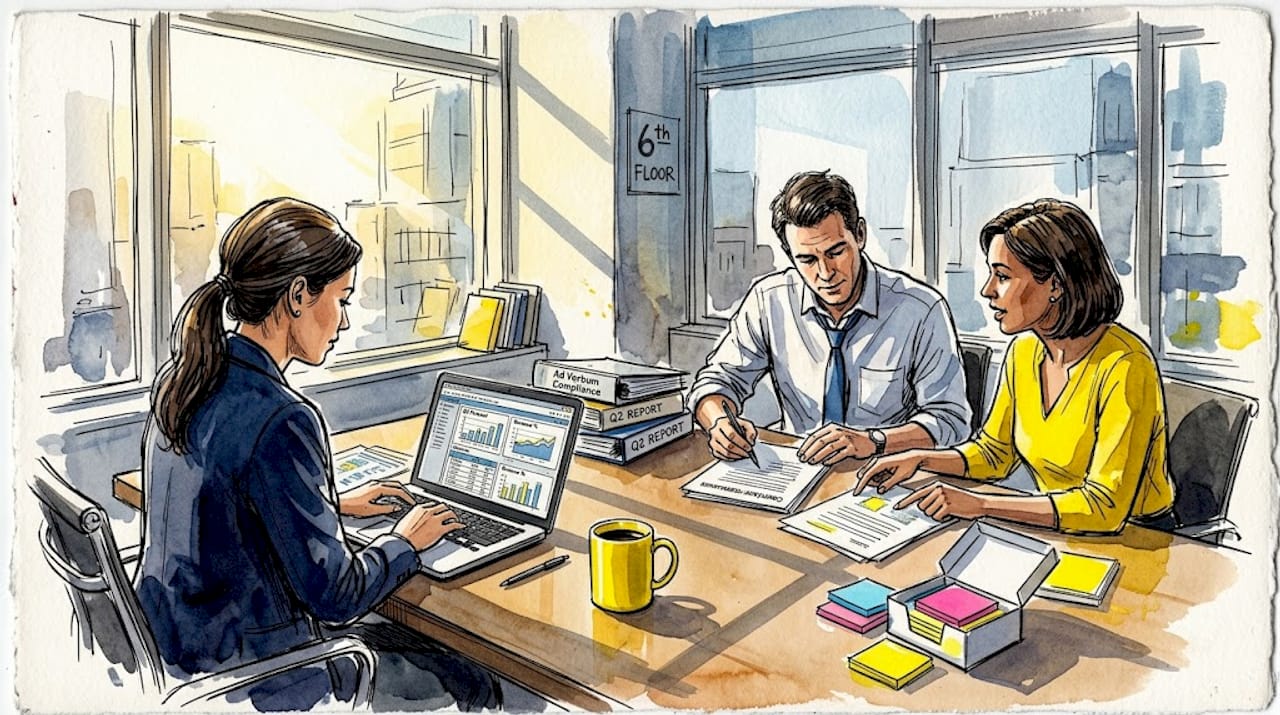 Compliance team reviewing risk documents in office