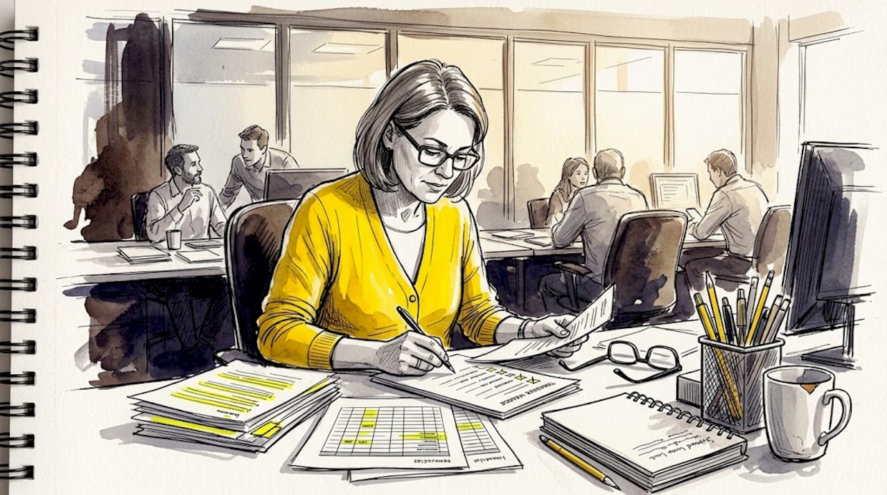 Manager checking translation invoices at office desk