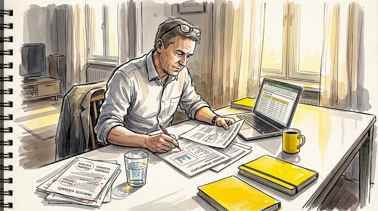 Mies perehtyy teknisiin asiakirjoihin kotona ruokapöydän ääressä.