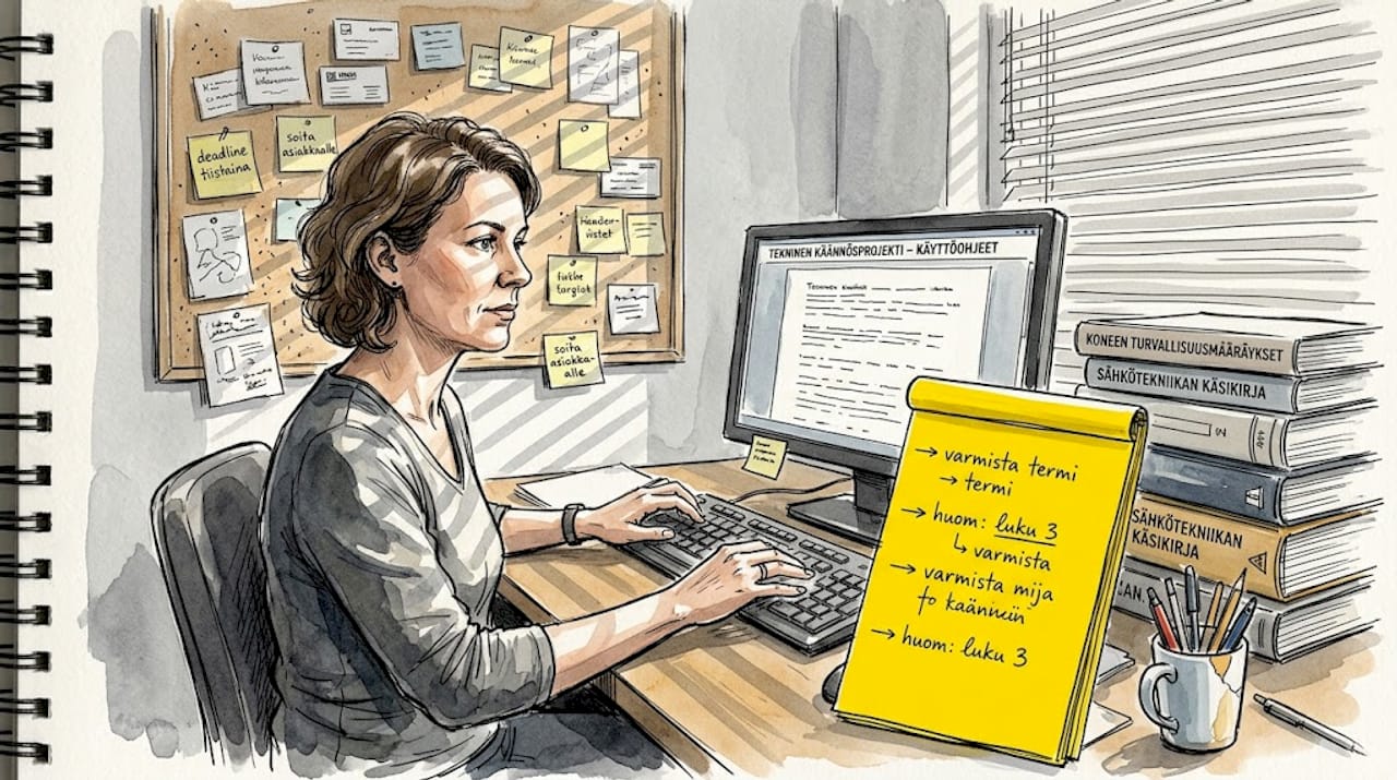 Kääntäjä naputtelee teknistä asiakirjaa pienessä toimistossa.