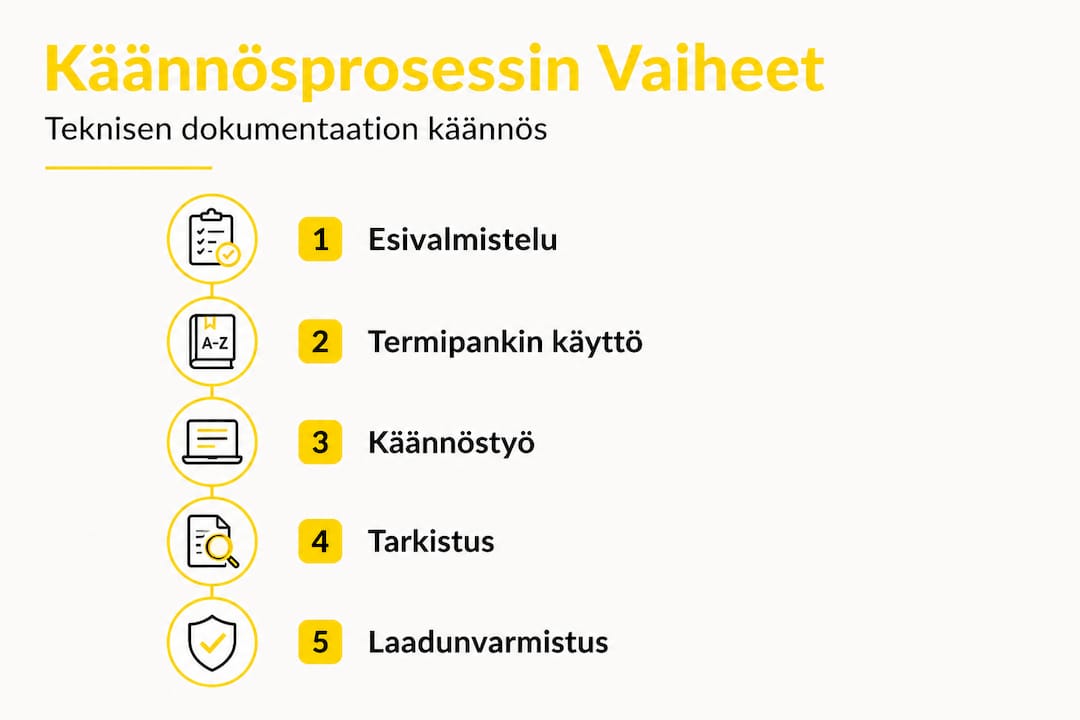 Käännösprosessin vaiheet kuvattuna selkeässä pystysuuntaisessa infografiikassa