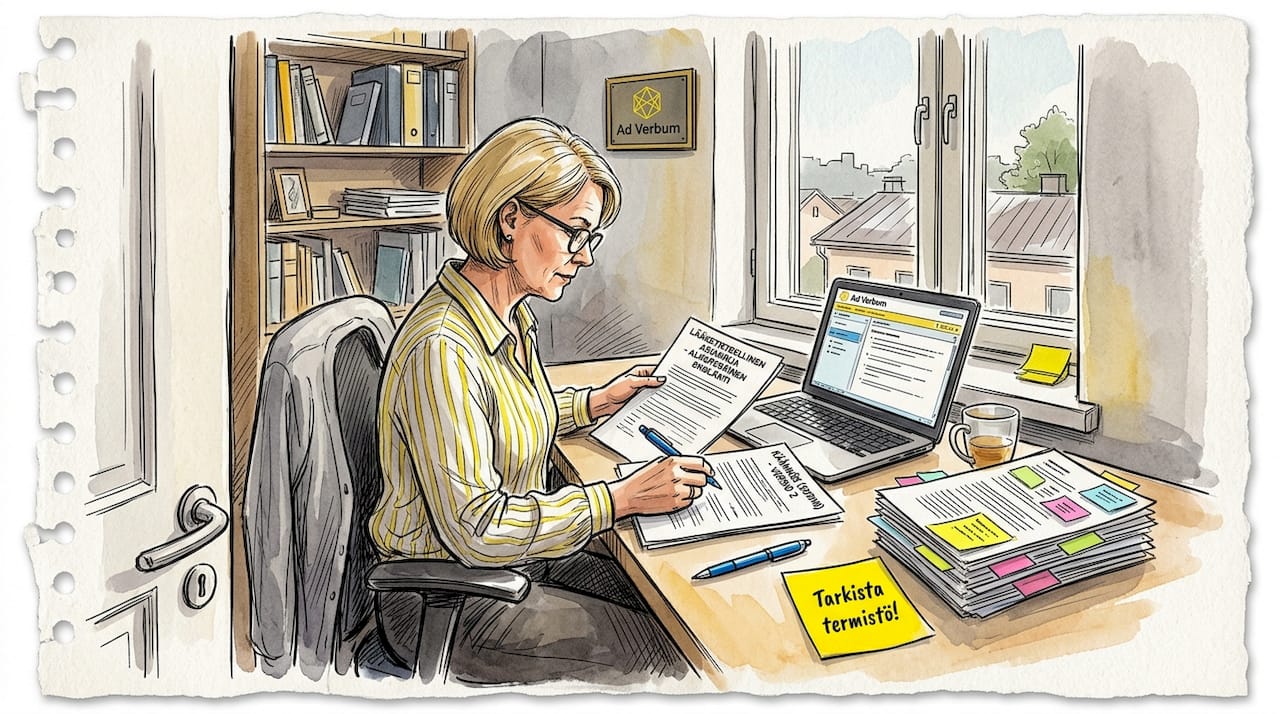 Kääntäjä perehtyy lääkärinlausuntoihin työpöytänsä ääressä.