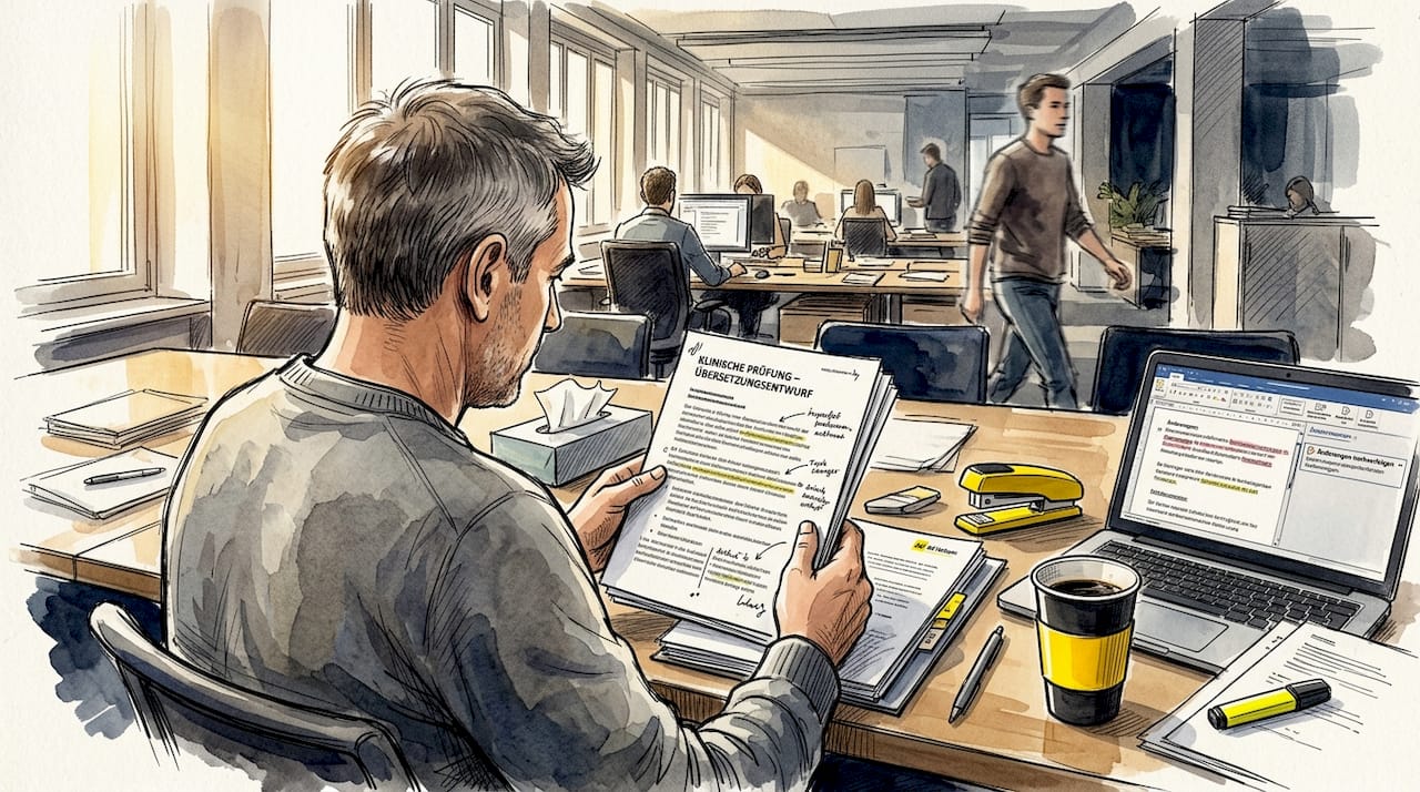 Ein Mann sitzt am Tisch und prüft Unterlagen mit juristischen Übersetzungen.