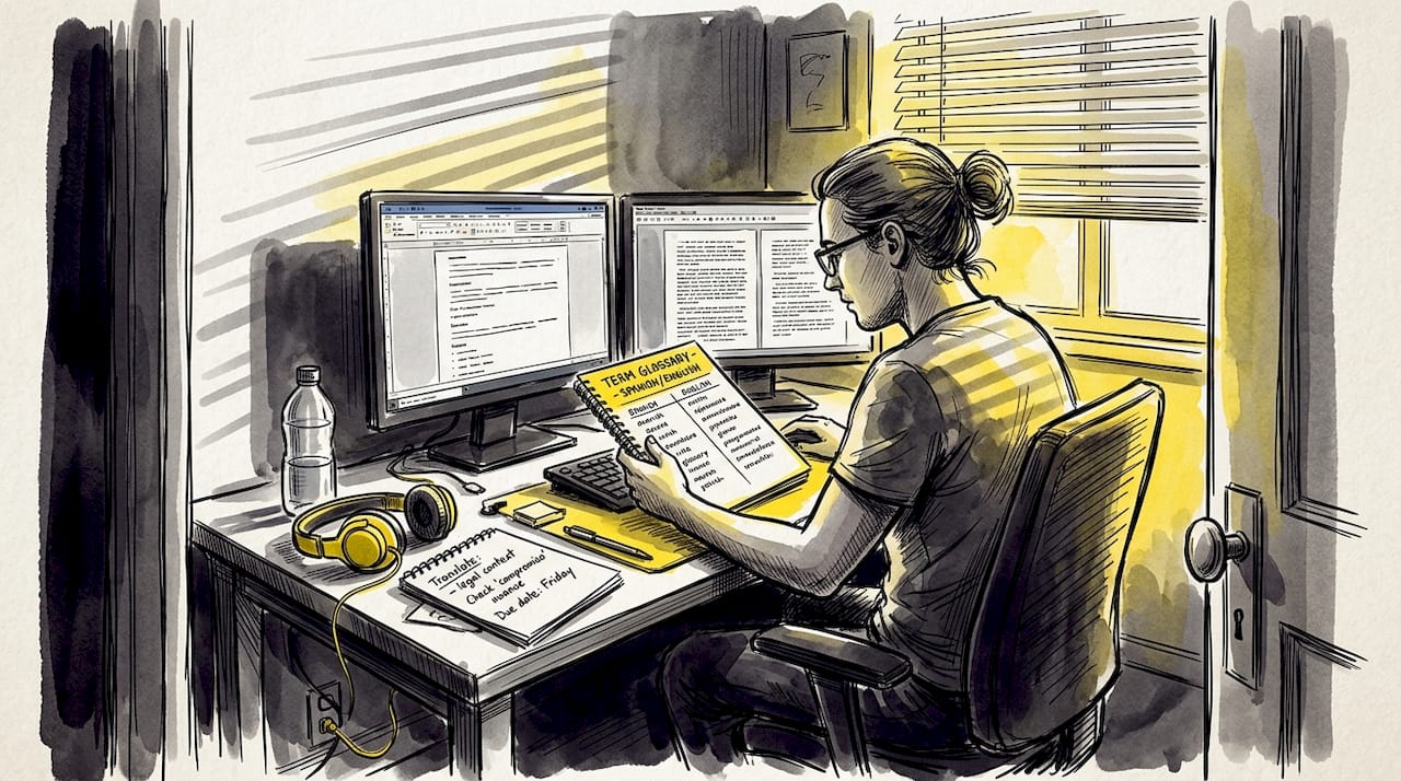 Remote translator reviewing defense translation data