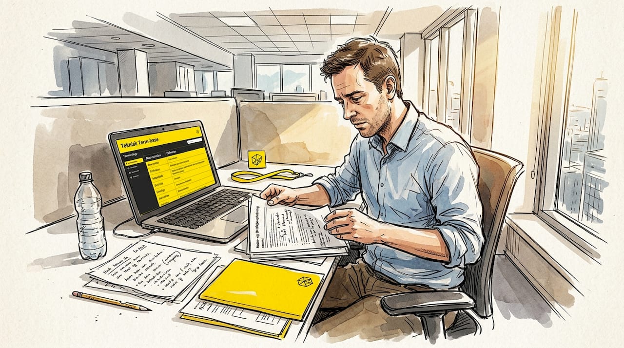 En oversætter arbejder med fagsprog og specialiserede termer på kontoret.