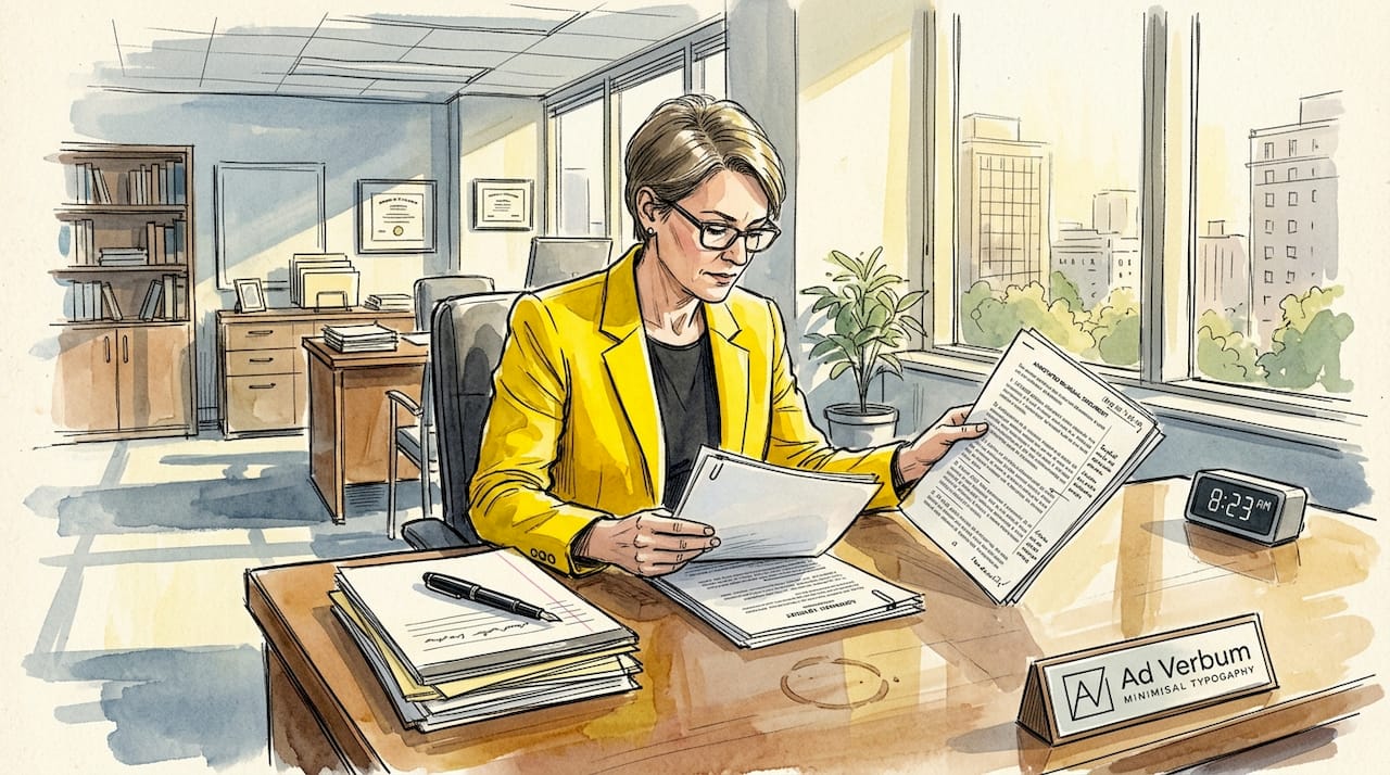 Legal counsel reviewing bilingual contract in office