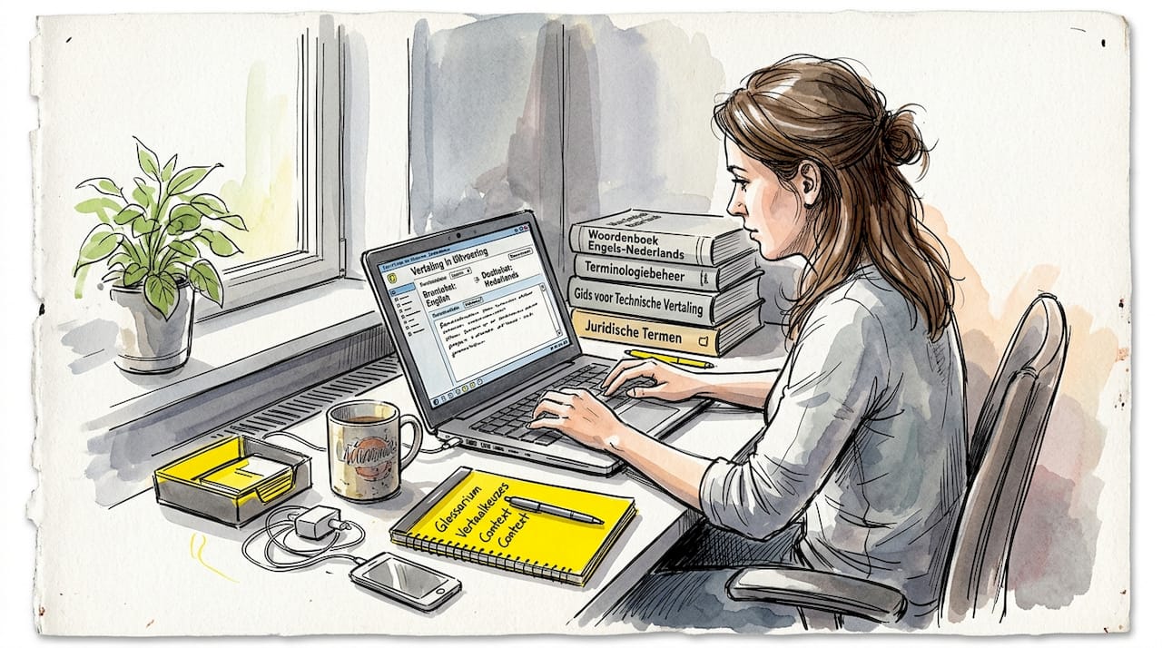 Een vertaler zit aan een rommelig bureau thuis, omringd door allerlei handige hulpmiddelen.