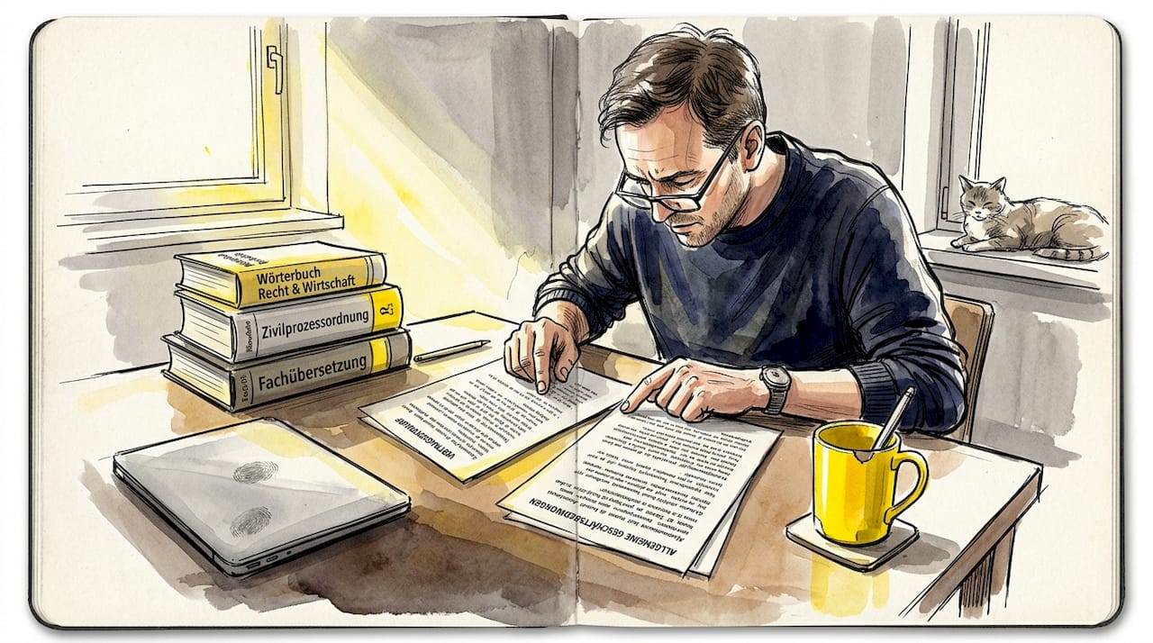 Ein Übersetzer prüft am Schreibtisch die Einhaltung gesetzlicher Vorgaben.