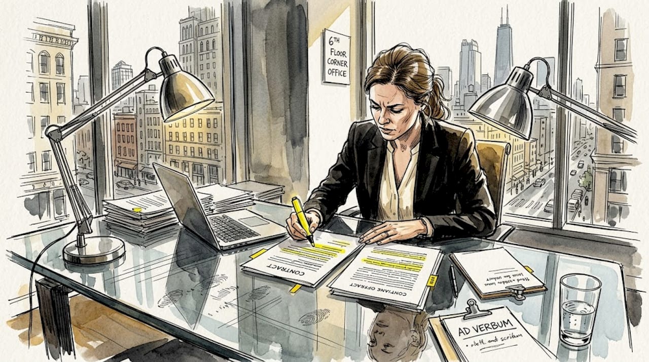 Compliance officer reviewing legal contracts in office