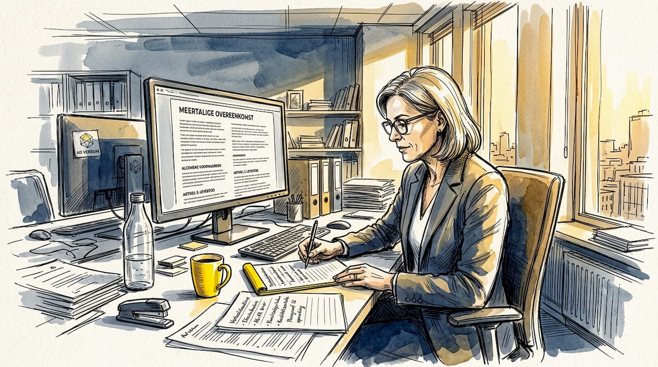 Een manager bekijkt op kantoor diverse documenten in verschillende talen.