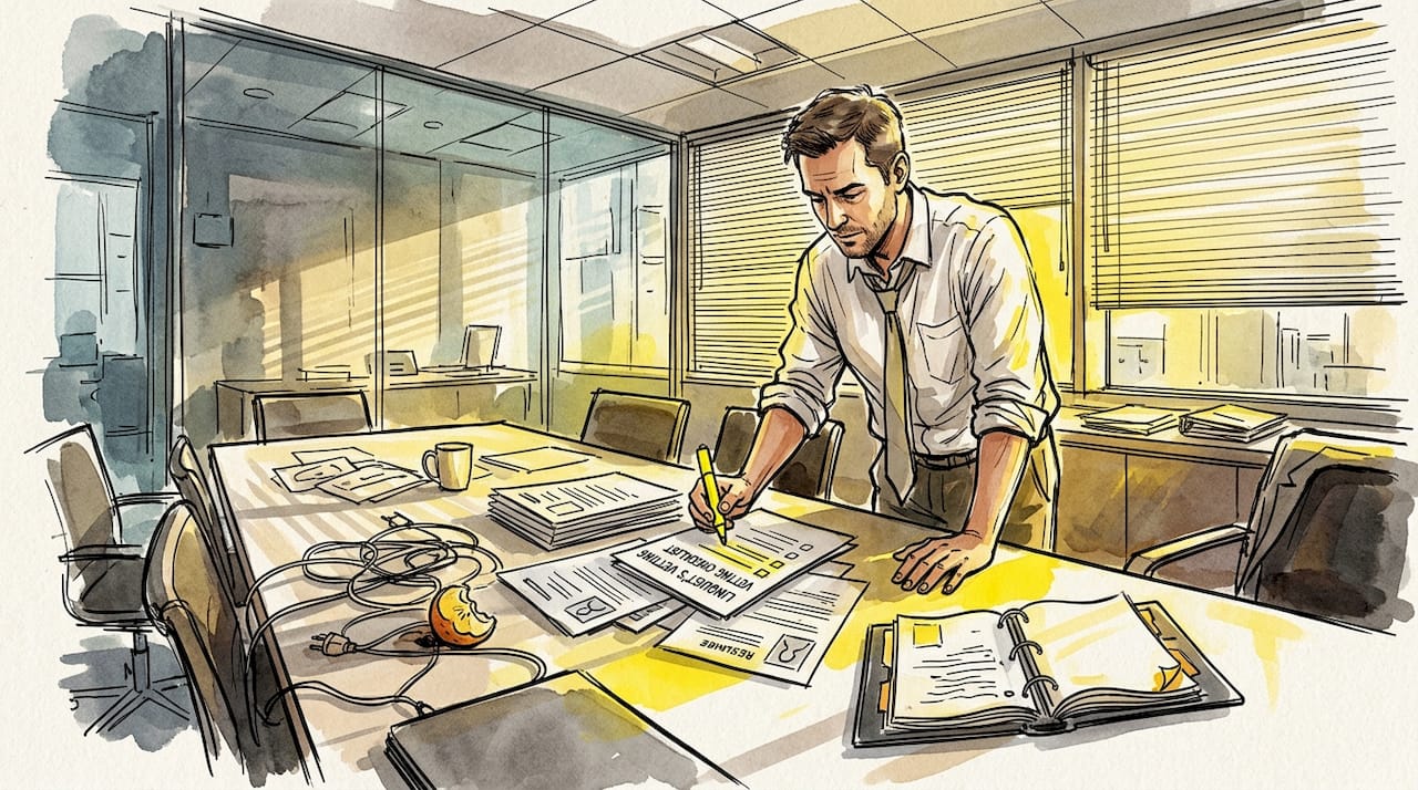 Coordinator checks linguist vetting documents in meeting room