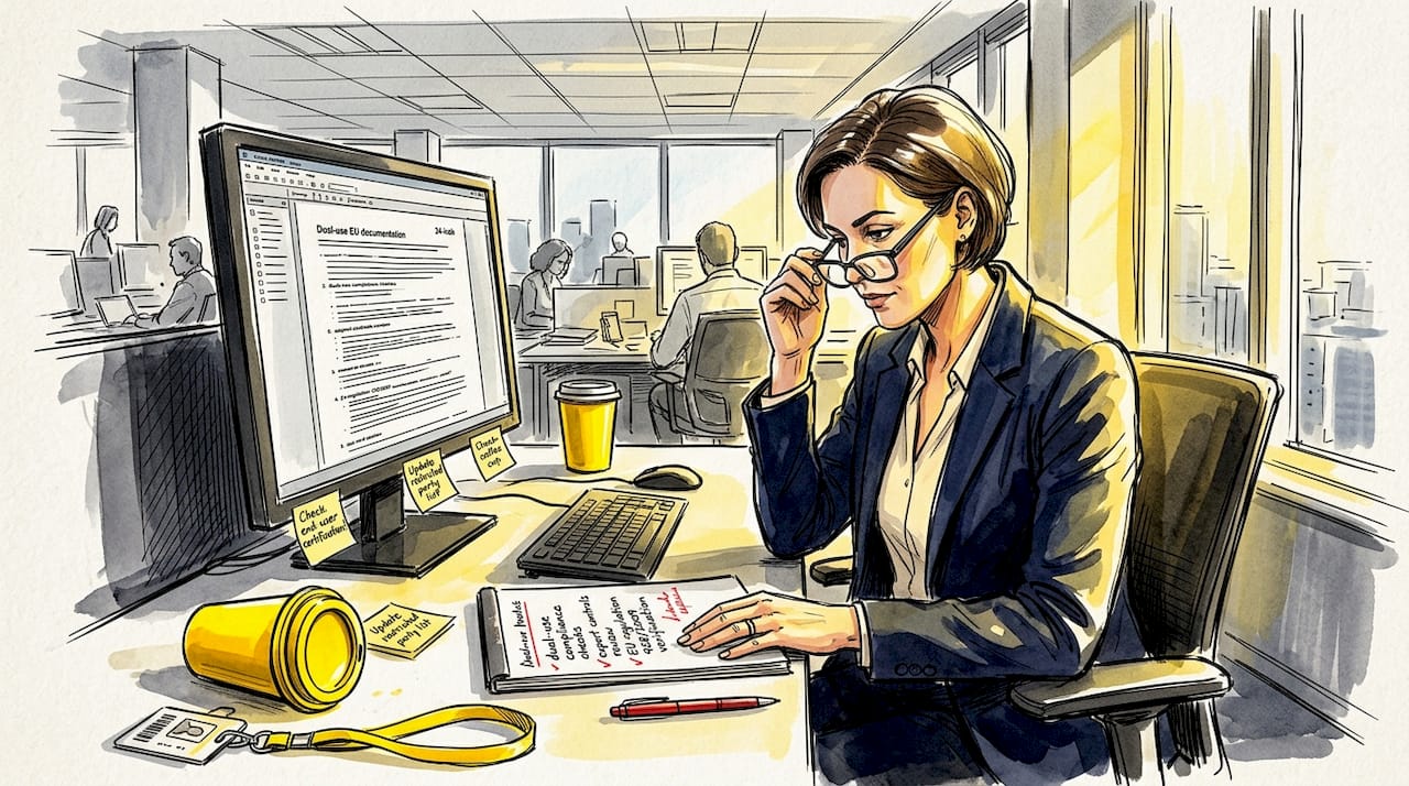 Compliance officer reviewing dual-use paperwork at desk