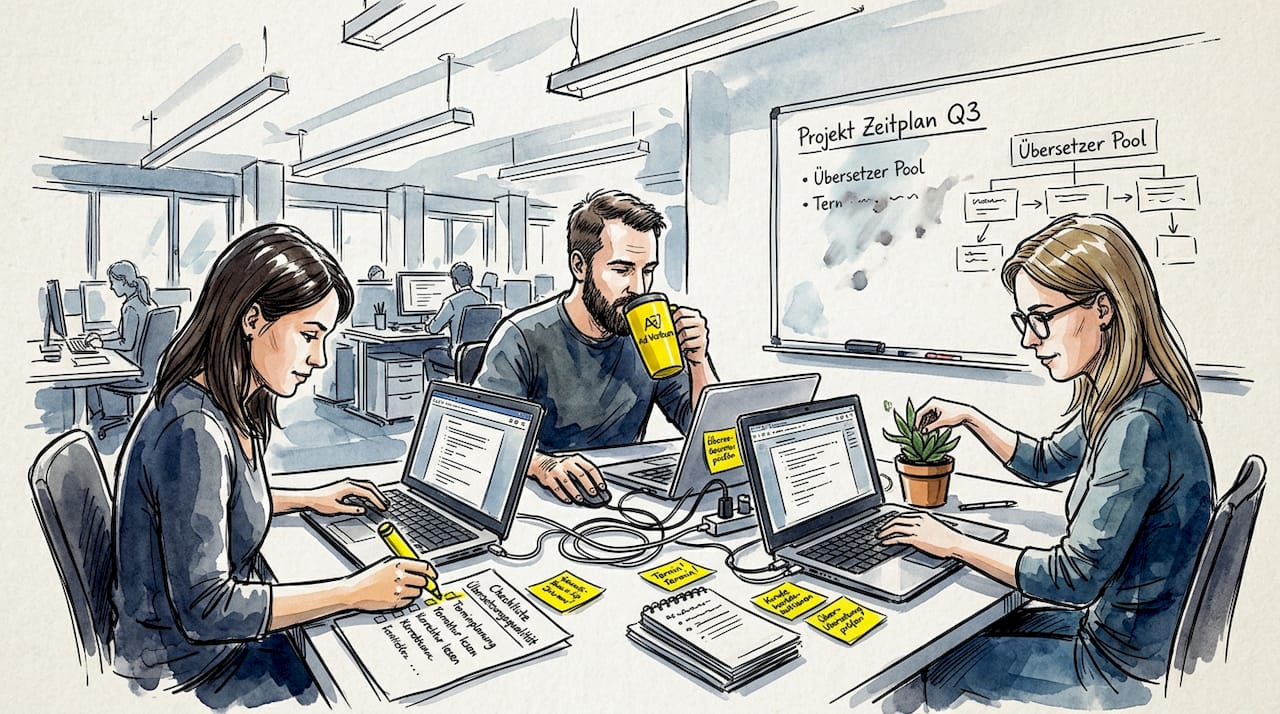 Ein Übersetzerteam arbeitet gemeinsam an Projekten, nutzt Checklisten zur Qualitätssicherung und hat seine Laptops immer griffbereit.