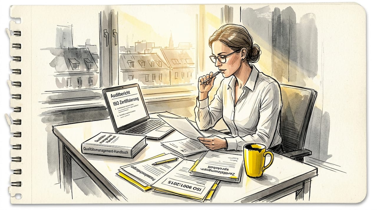 Der Projektleiter prüft im Büro die Zertifizierungsunterlagen.