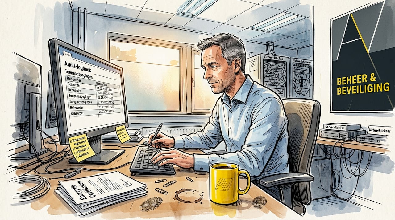 Een man bekijkt de auditlogs van versleutelde gegevens, op zoek naar mogelijke afwijkingen of verdachte activiteiten.