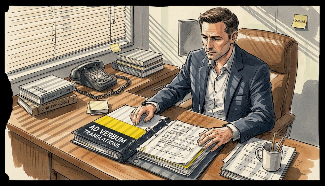 Translation specialist reviews official documents at desk