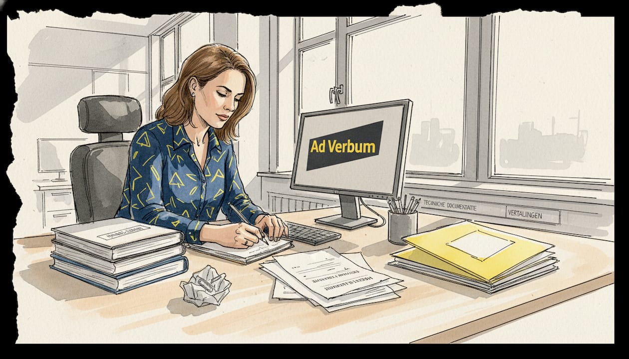 Een zakelijke vrouw verdiept zich op kantoor in technische documentatie.