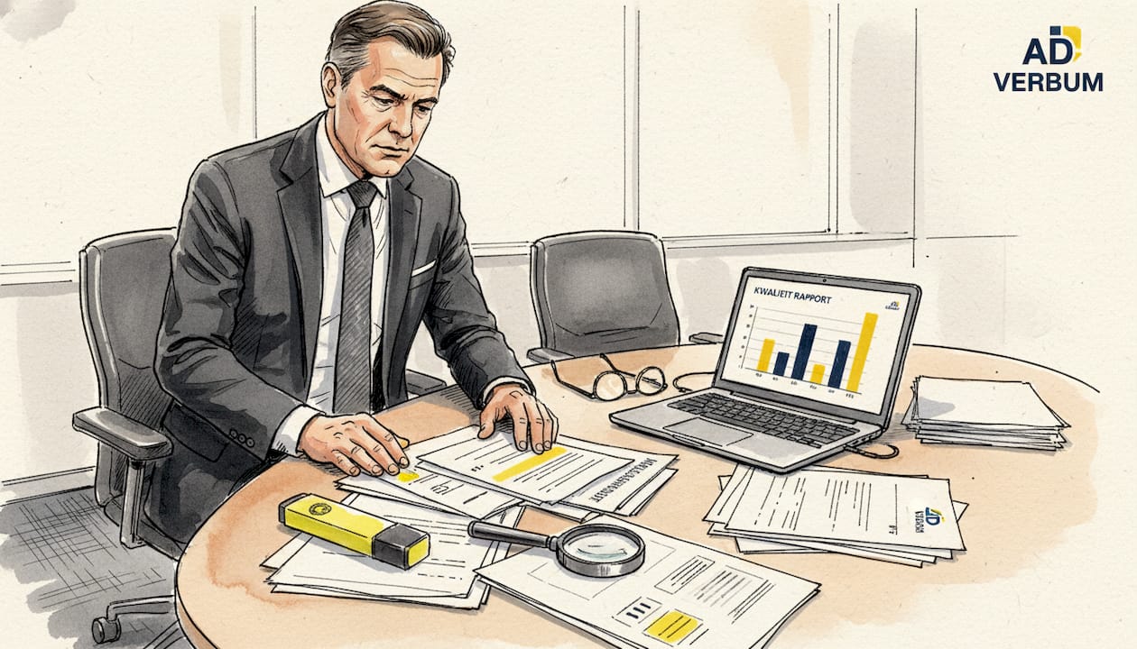 De manager loopt de documenten grondig na op technische details.