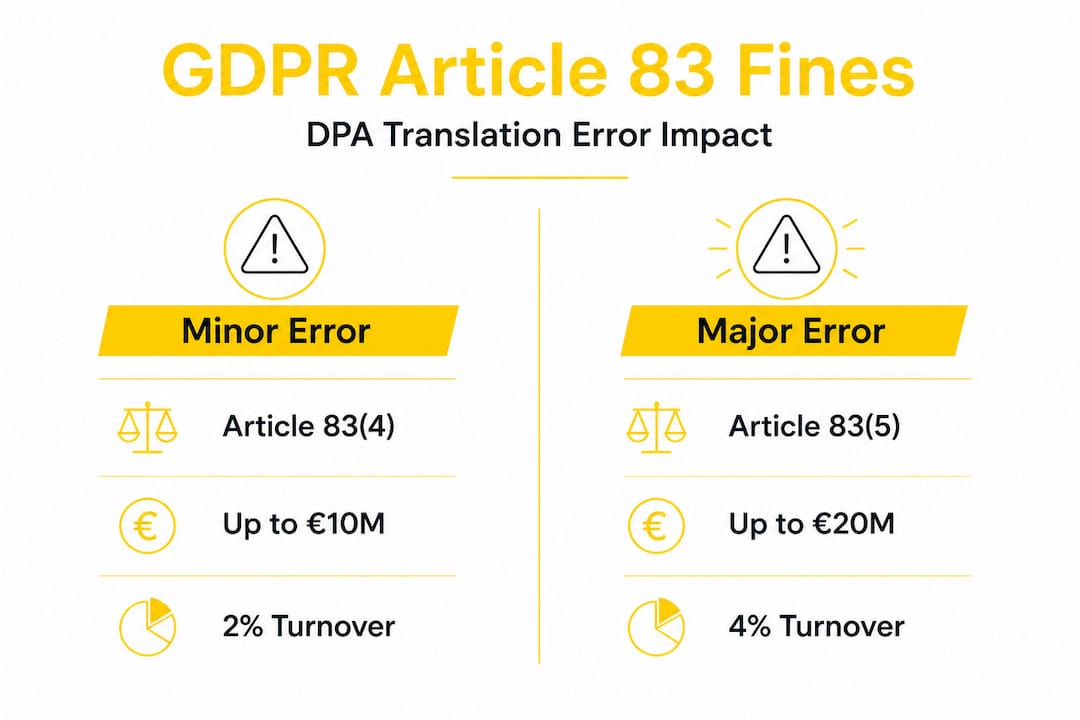 Infographic comparing Article 83 fine tiers for DPA translation errors