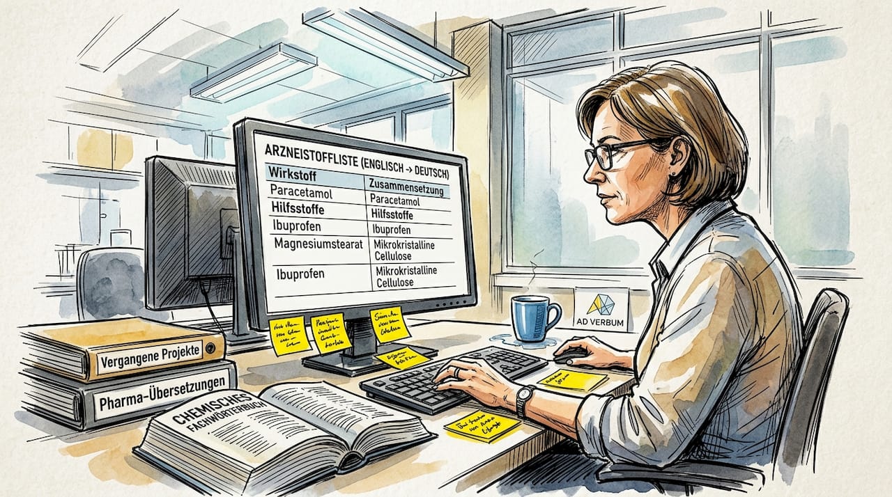 Ein Pharma-Übersetzer arbeitet konzentriert am Computer und schlägt dabei regelmäßig Fachbegriffe im Wörterbuch nach.