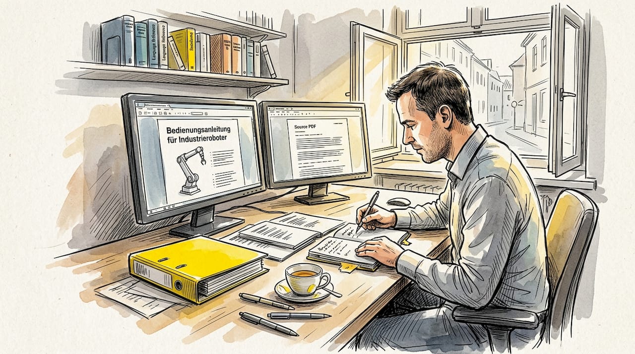 Ein Übersetzer prüft und vergleicht verschiedene Dokumente sorgfältig an seinem Schreibtisch im Büro.