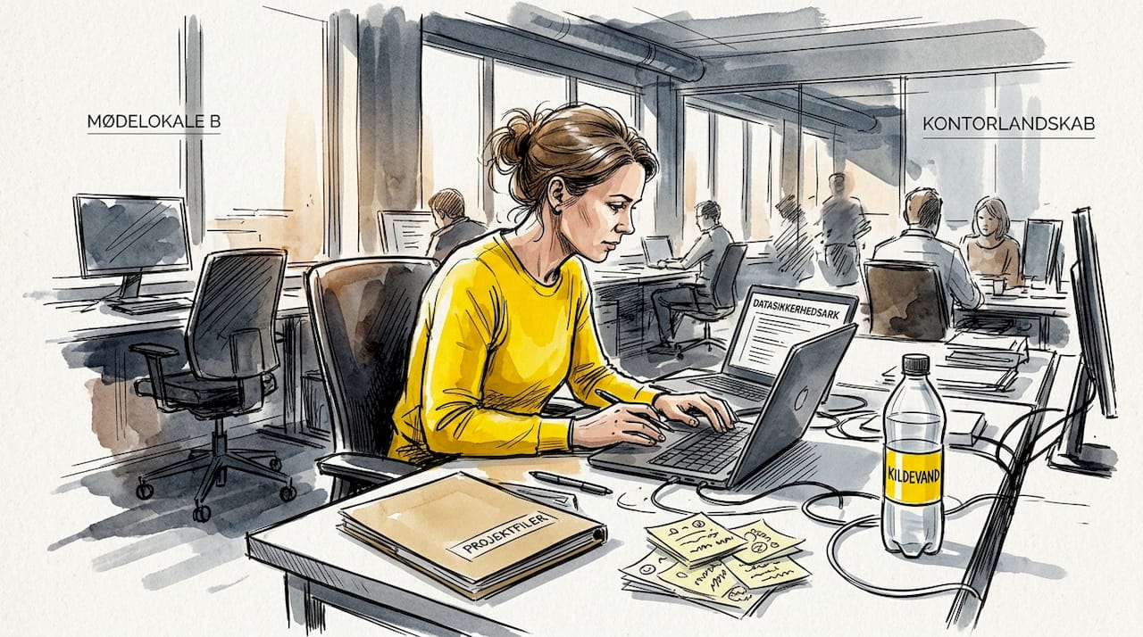 En kvinde sidder på kontoret og arbejder med datasikkerhed.