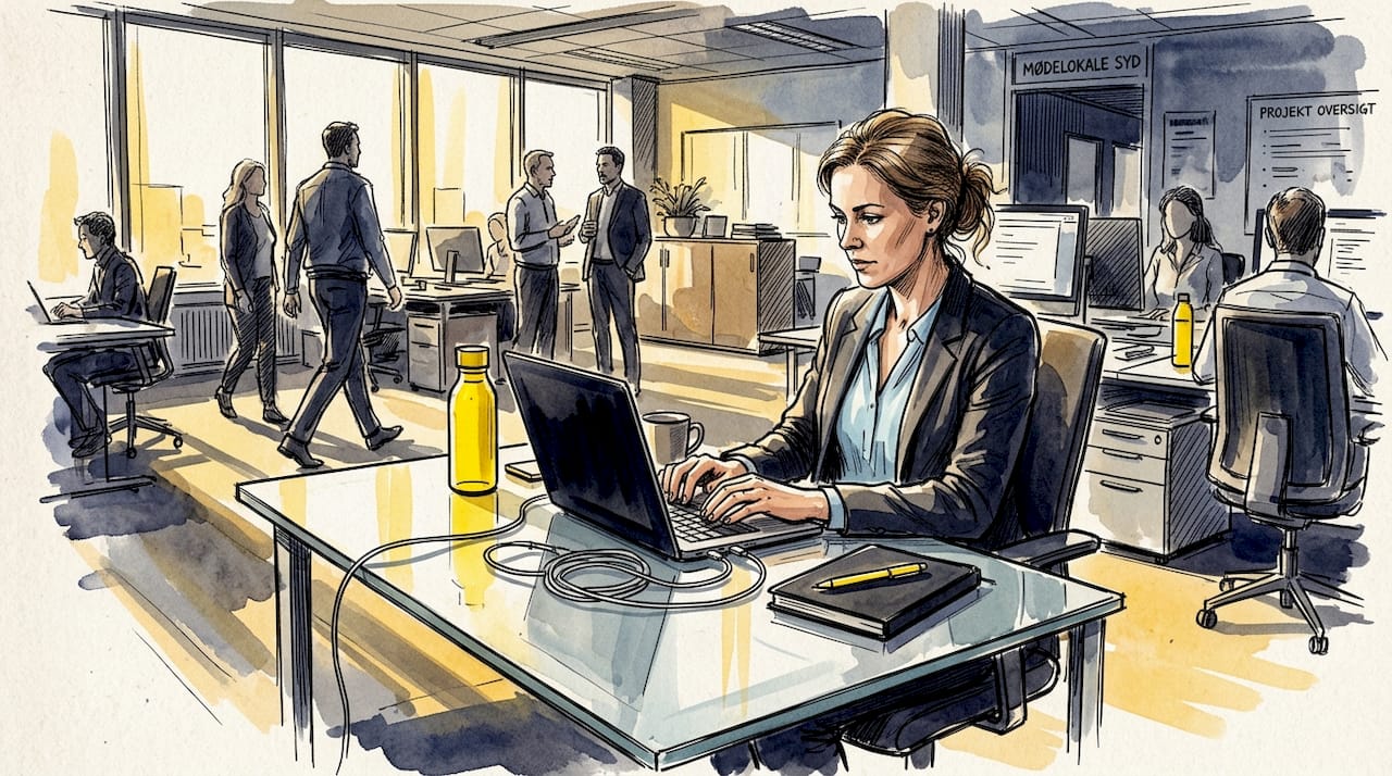 En kvinde sidder og arbejder ved sin bærbare computer på kontoret.
