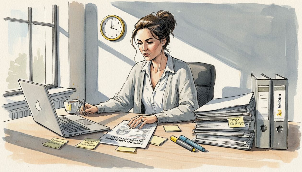 Een medisch vertaler die zorgvuldig een papieren document controleert.