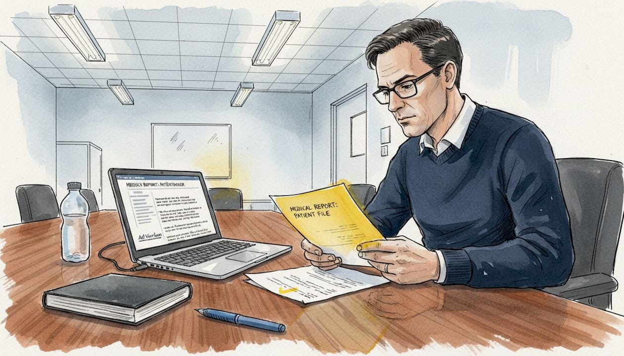 Een redacteur die aan tafel verschillende medische vertalingen met elkaar vergelijkt.