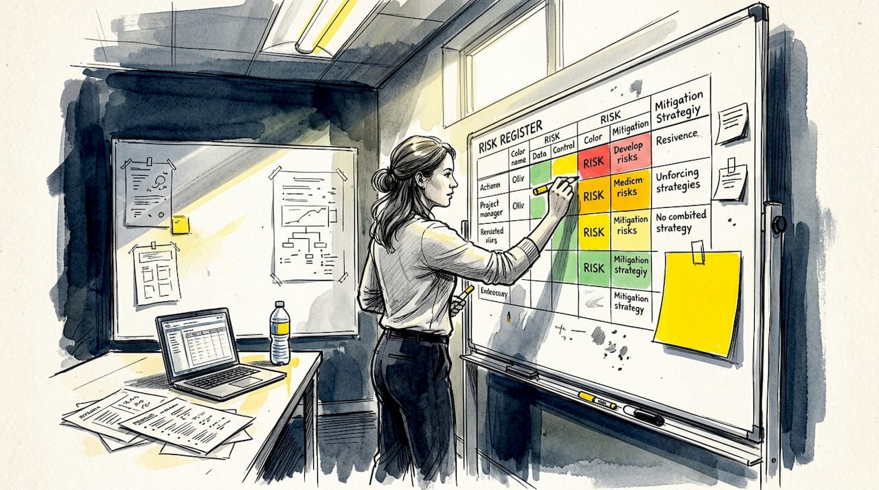 Project manager updating risk register whiteboard