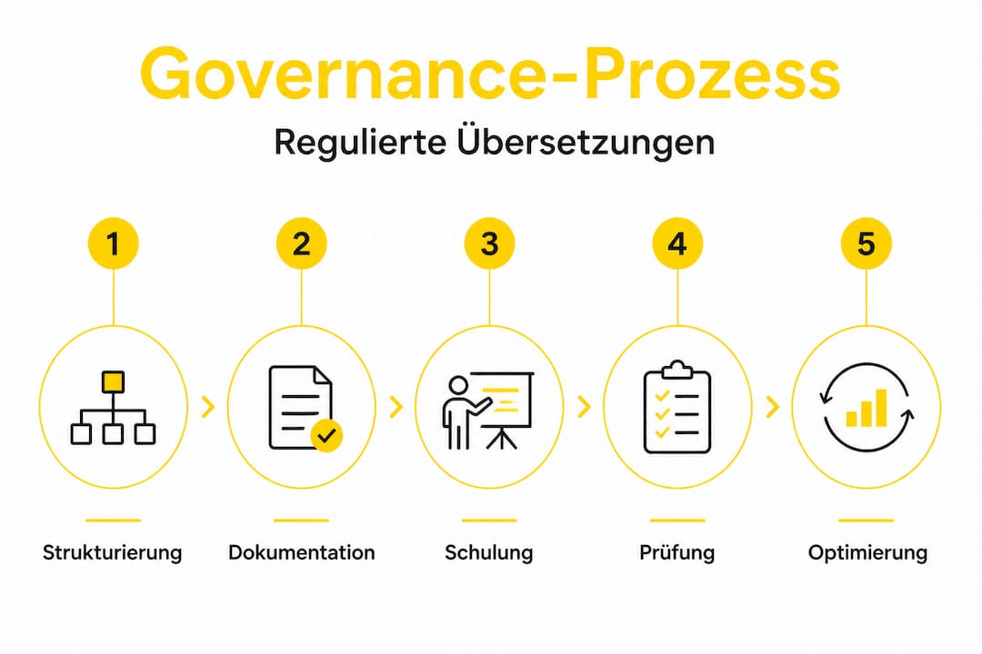 Die Infografik veranschaulicht den Ablauf des Translation-Governance-Prozesses Schritt für Schritt.