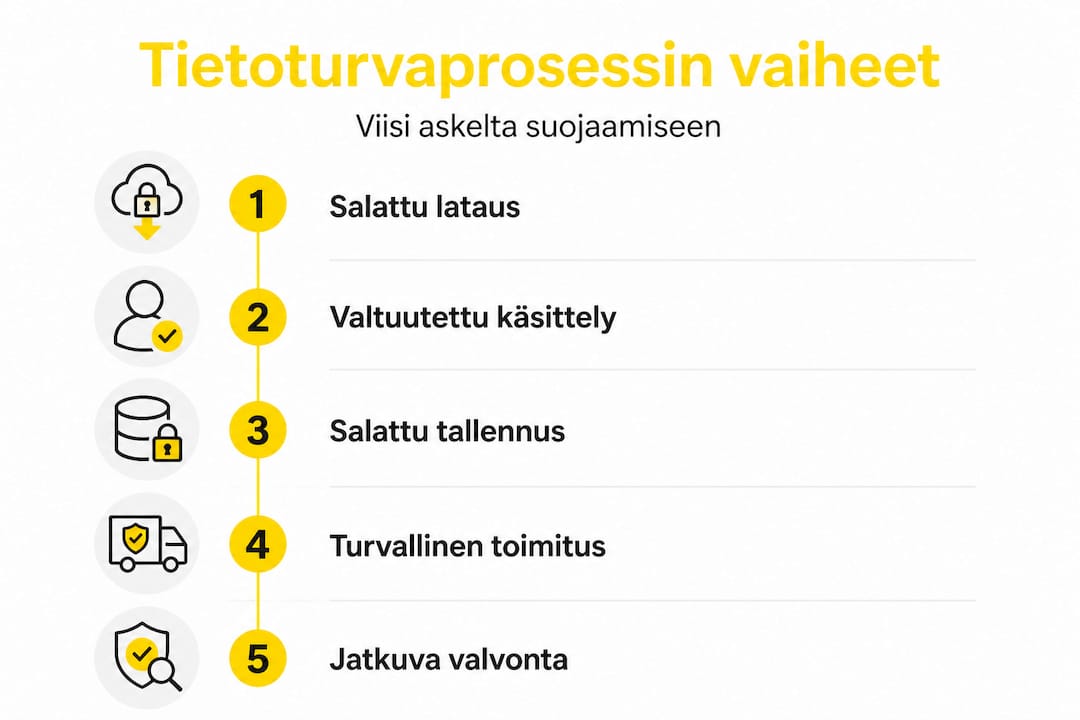 Havainnollistava kuva tietoturvallisen käännösprosessin viidestä päävaiheesta